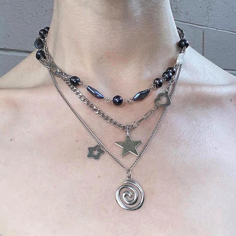 Punk Charms Jewelry Chains Vortex Swirl Pendant Necklaces Vintage Star Choker Women Fashion Goth Necklace Accessory Grunge