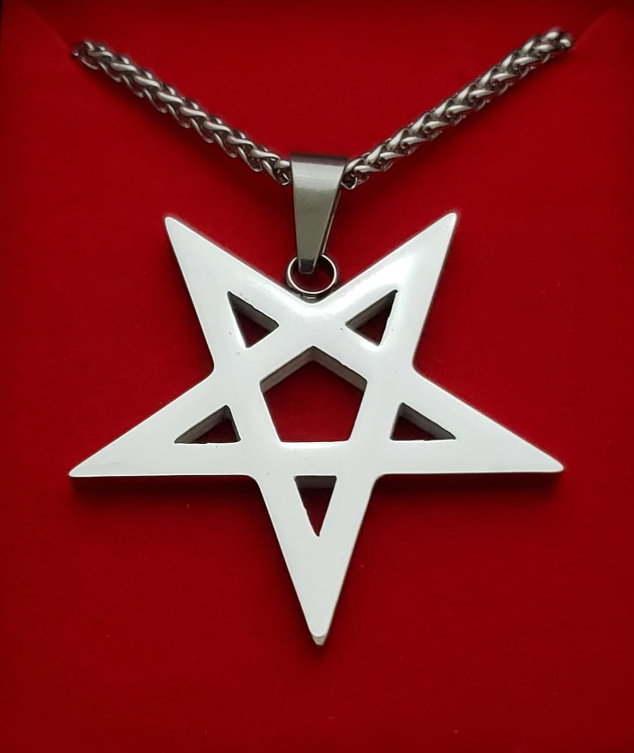 Gothic inverted pentagram necklace from XerxesJewelry.com, featuring occult design for witchcraft enthusiasts and gothic jewelry lovers.