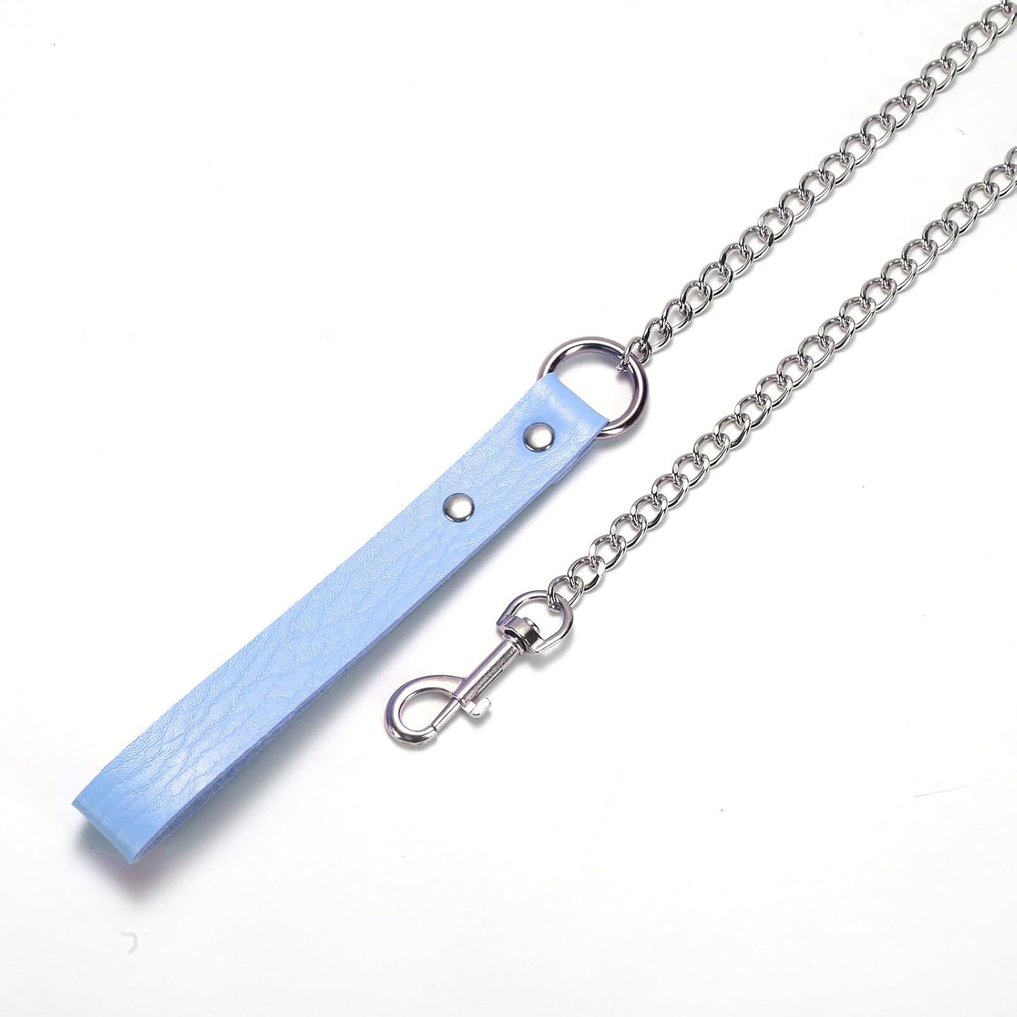 Durable Tosmifairy heavy-duty dog leash with metal chain, stylish bell collar, and comfortable PU handle for medium to large pets in baby blue.