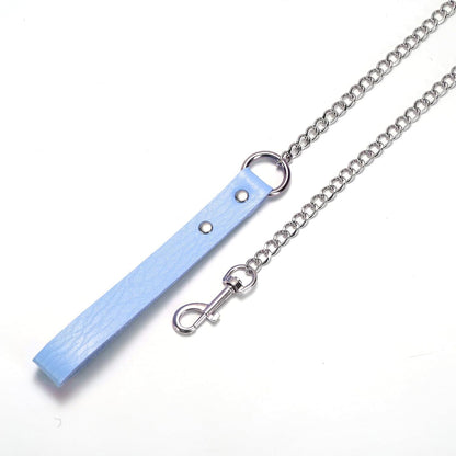 Durable Tosmifairy heavy-duty dog leash with metal chain, stylish bell collar, and comfortable PU handle for medium to large pets in baby blue.
