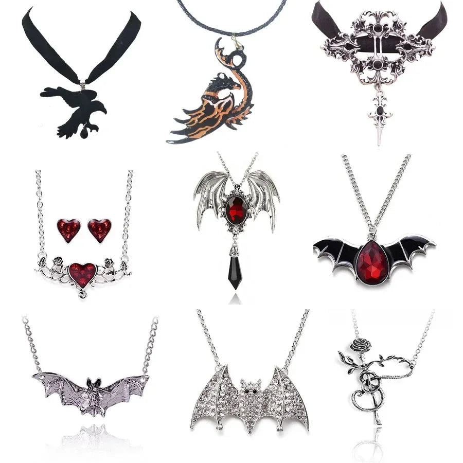 Gothic dragon bat eagle heart rose pendant necklace with ornate design, black and silver jewelry for men and women.
