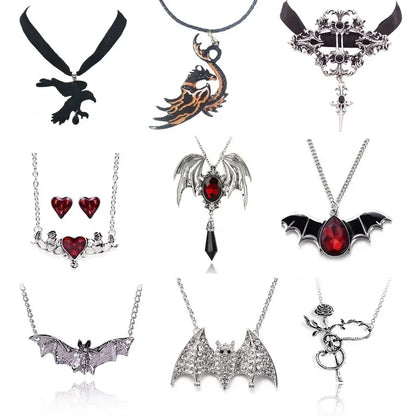 Gothic dragon bat eagle heart rose pendant necklace with ornate design, black and silver jewelry for men and women.