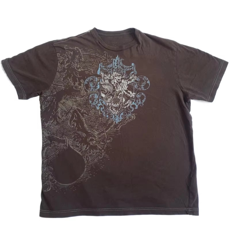 Vintage brown Y2K graphic T-shirt by PressureDen.store featuring goth cyber grunge style, short sleeves, and retro emo design.