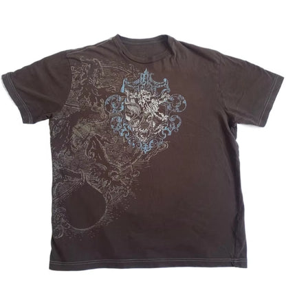 Vintage brown Y2K graphic T-shirt by PressureDen.store featuring goth cyber grunge style, short sleeves, and retro emo design.