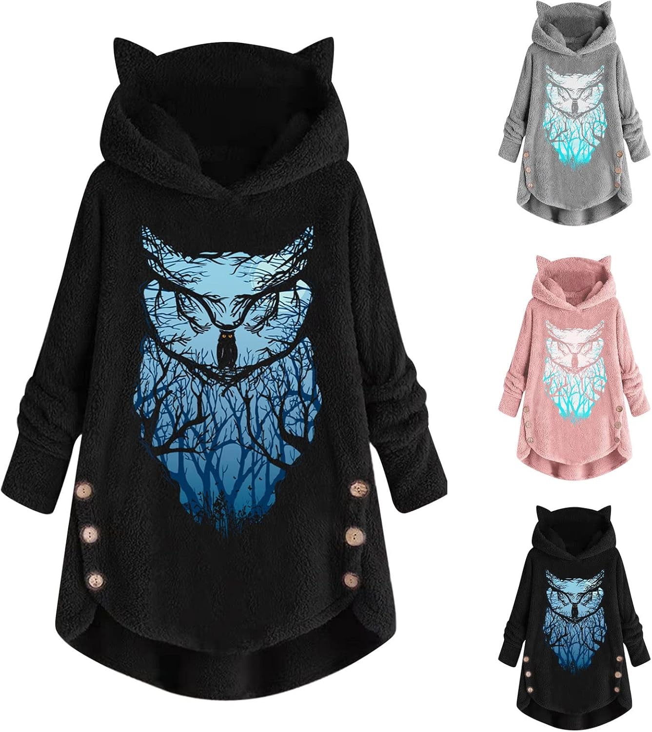 Cozy LFEOOST women's Cat Ear Owl hoodie featuring graphic design, buttons, long sleeves, and a comfortable fit.