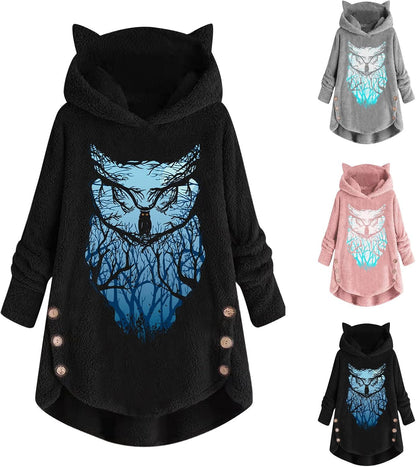 Cozy LFEOOST women's Cat Ear Owl hoodie featuring graphic design, buttons, long sleeves, and a comfortable fit.
