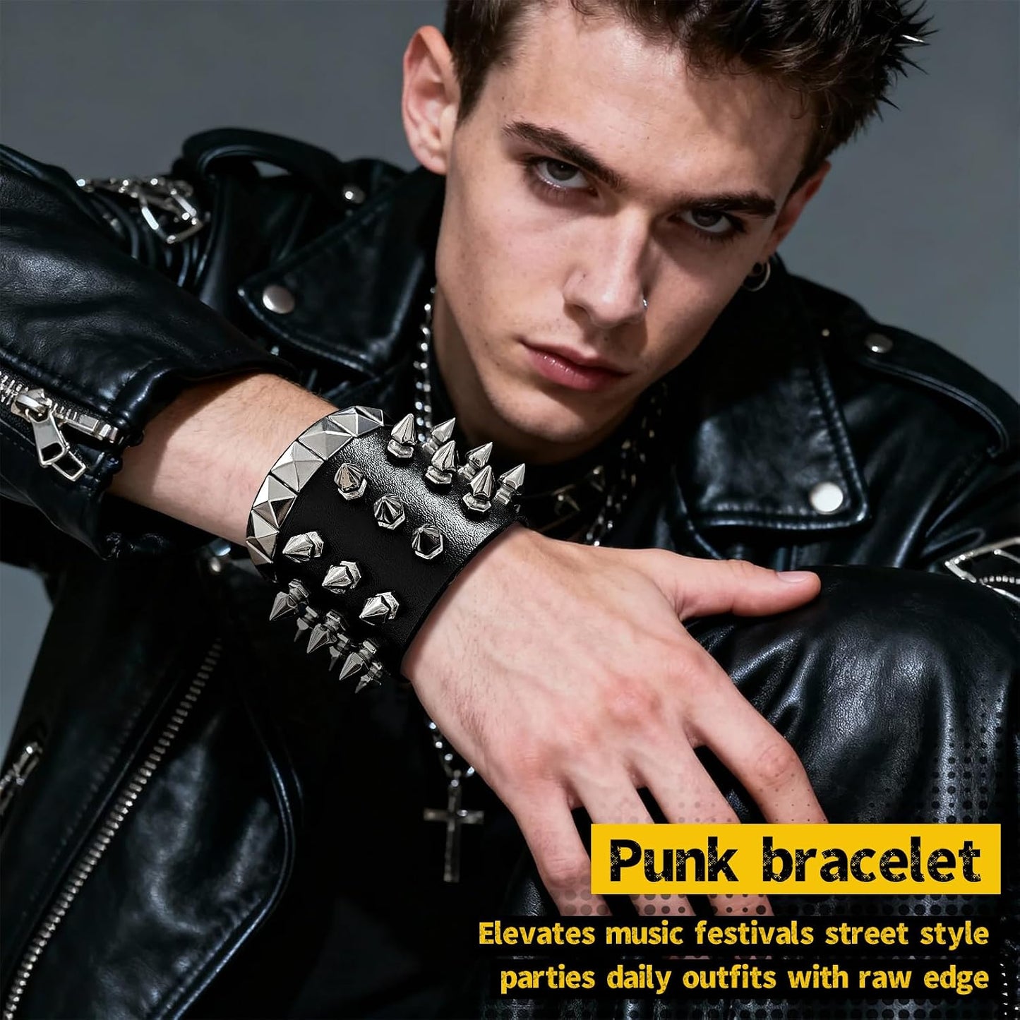 Spike Bracelet for Men & Women | Adjustable Black Leather Punk Bracelets with Studs & Rivets | Goth Rock Biker Wristband