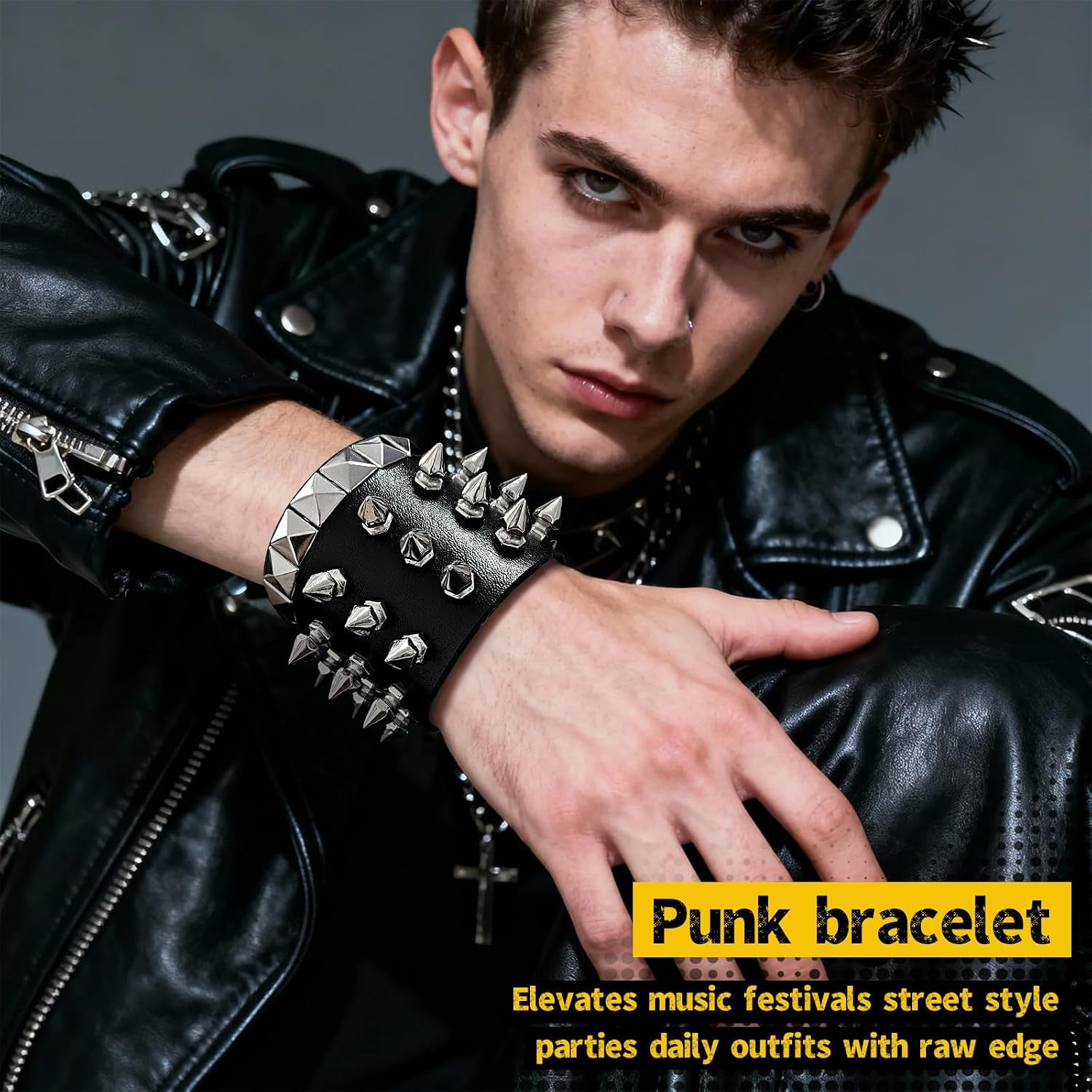Spike Bracelet for Men & Women | Adjustable Black Leather Punk Bracelets with Studs & Rivets | Goth Rock Biker Wristband