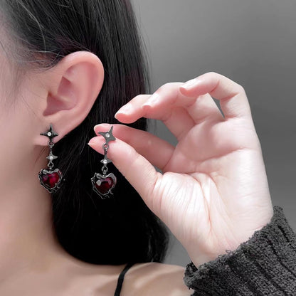 Vintage Gothic Earrings for Women Dangling Rhinestone Red Heart Black Earrings Vampire Costume Cosplay Halloween Party Accessories Jewelry