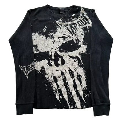 Oversized Y2K retro skull graphic long sleeve T-shirt for men and women, featuring goth-inspired autumn style design.