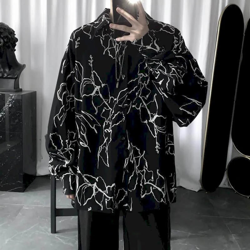 Long sleeve goth shirt with lightning design for men and women, featuring a retro Harajuku hip-hop style in black and white.