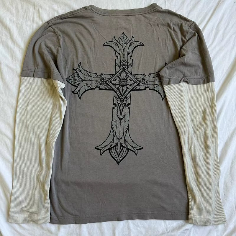 Long sleeve Y2K Cyber Grunge T-shirt for women with patchwork design, Gothic and Harajuku style, by PressureDen.