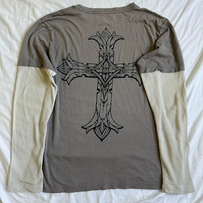 Long sleeve Y2K Cyber Grunge T-shirt for women with patchwork design, Gothic and Harajuku style, by PressureDen.