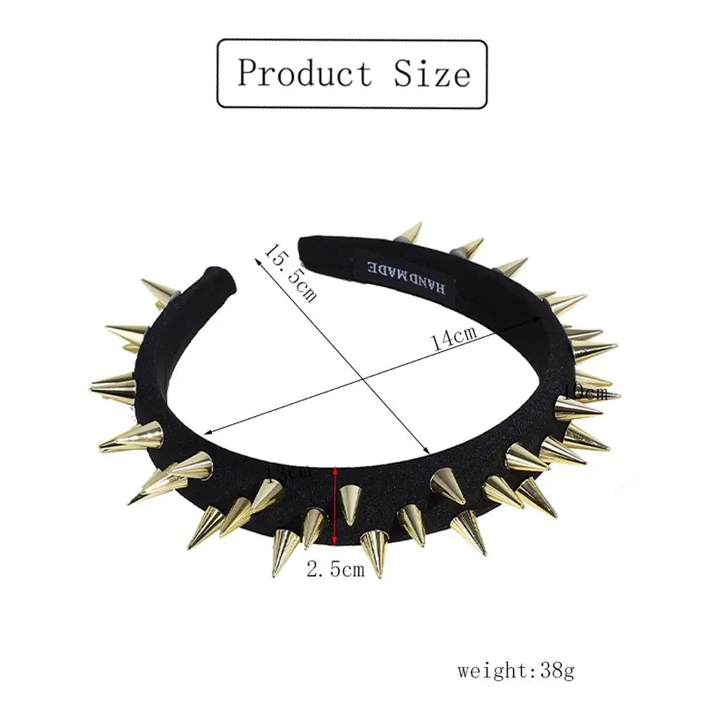Silver and gold punk goth headband with rivet details, stylish hair accessory for women suitable for cosplay and everyday wear.