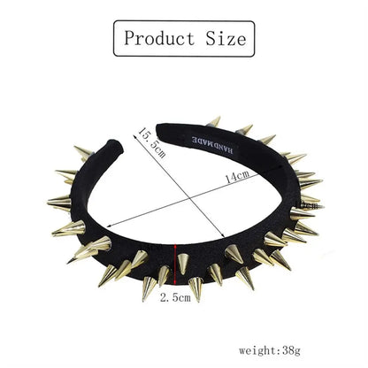 Silver and gold punk goth headband with rivet details, stylish hair accessory for women suitable for cosplay and everyday wear.