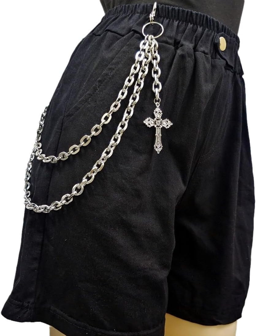 Silver punk layered wallet chain with heart cross rivets and tassel, jewelry accessory for men and women by ANGLEQUEEN