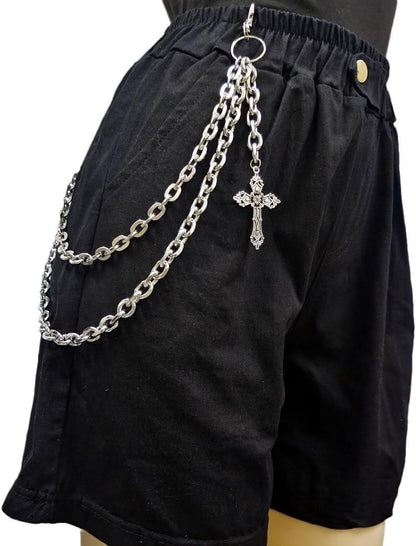Silver punk layered wallet chain with heart cross rivets and tassel, jewelry accessory for men and women by ANGLEQUEEN