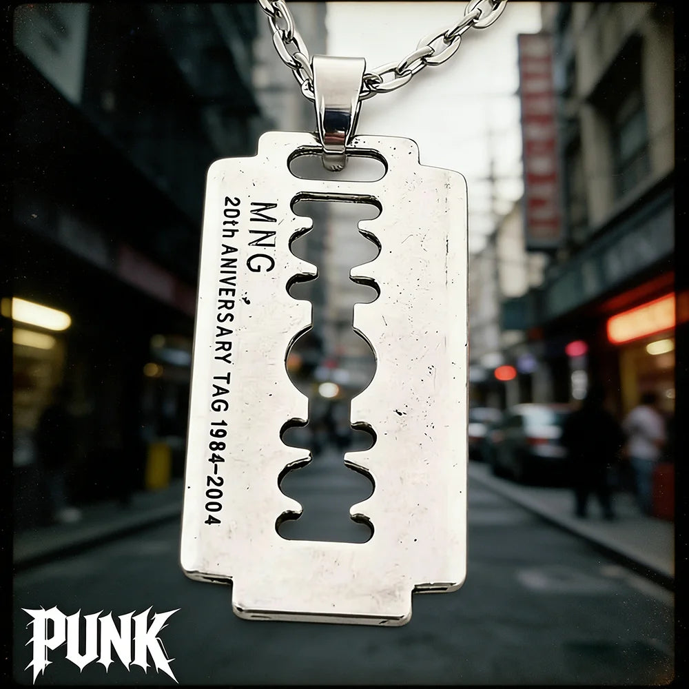Y2K aesthetic razor blade pendant necklace by PressureDen.store, edgy vintage punk goth grunge jewelry for men and women