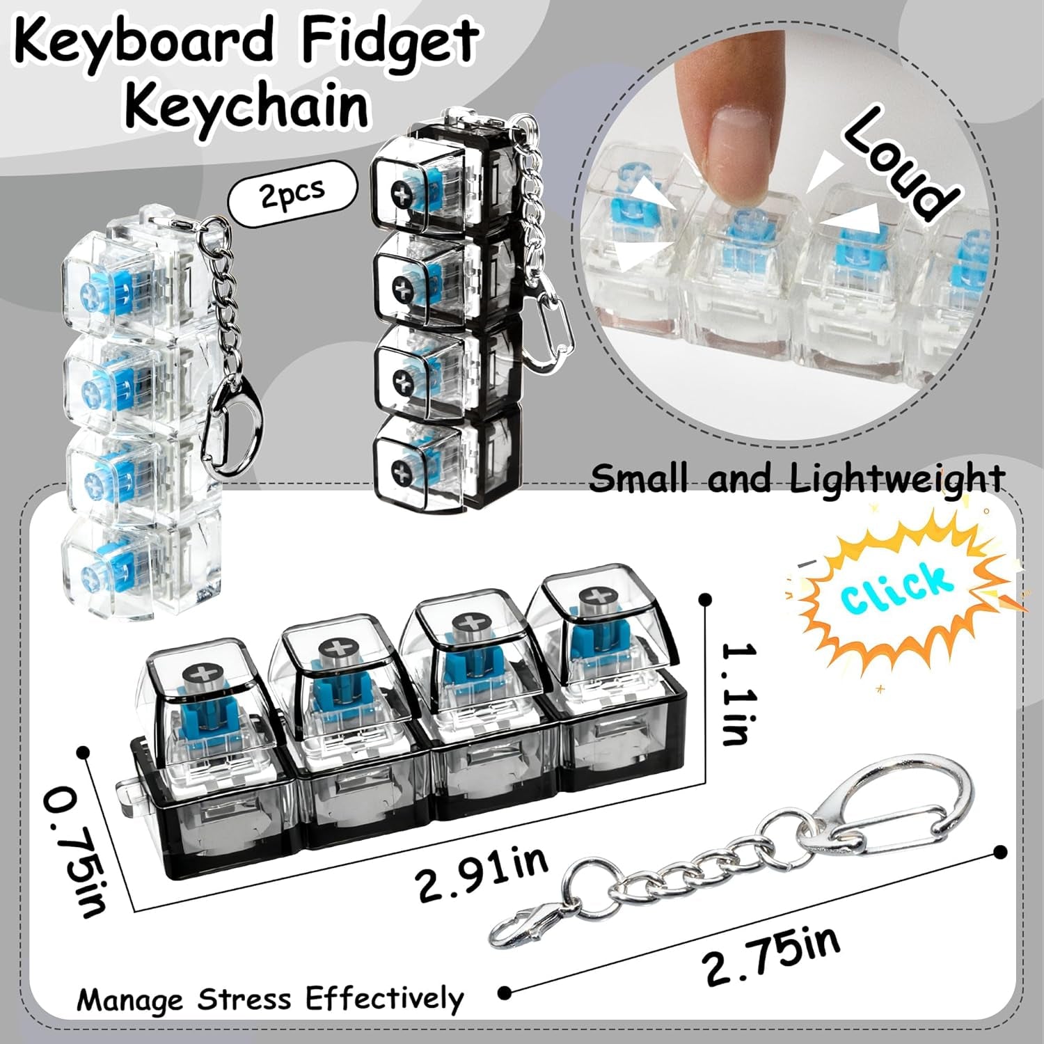 2-Pack 4-in-1 Keyboard Fidget Toy Keychains – Stress Relief Clicker Buttons for Relaxation (Clear Black)