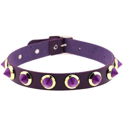 Purple goth punk leather choker necklace with black rivets and metal chain, edgy emo style for unisex Harajuku, Halloween, and Y2K cosplay.