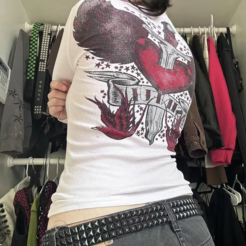 Long sleeve Y2K cyber grunge T-shirt for women with patchwork details, gothic style, retro Harajuku influences from PressureDen.store