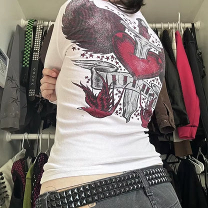 Long sleeve Y2K cyber grunge T-shirt for women with patchwork details, gothic style, retro Harajuku influences from PressureDen.store