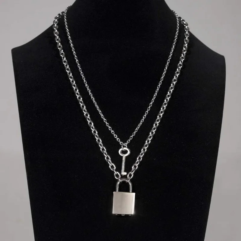 Stainless Steel Lock Key Pendant Necklace Long Chain Punk Multilayer Statement Choker Necklaces for Women Men Boy Girls