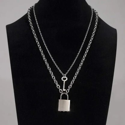 Stainless Steel Lock Key Pendant Necklace Long Chain Punk Multilayer Statement Choker Necklaces for Women Men Boy Girls