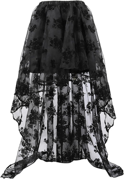 Victorian steampunk corset skirt with lace and leather details, ideal for Renaissance costumes, Halloween, and steampunk events.