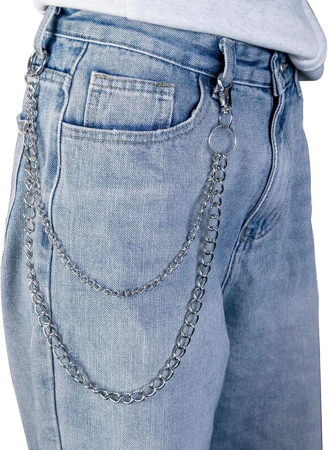 Silver pants chain for men and women featuring a lobster claw clasp, trendy hip hop wallet chain by WXCATIM.