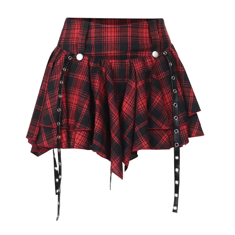 Black and red plaid Y2K goth pleated mini skirt with high waist, styled for summer streetwear, worn by a woman in a Kawaii Harajuku look.