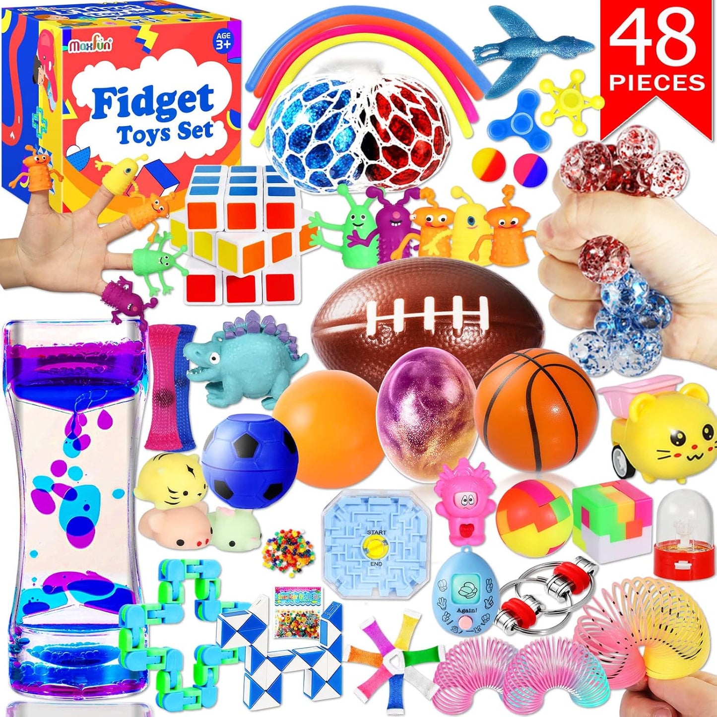 Ultimate 48-Pack Sensory Fidget Toy Bundle for Stress Relief - Perfect for Kids, Adults, Autistic & ADHD Support, Includes Squeeze Balls, Marble Mesh, & Wacky Track