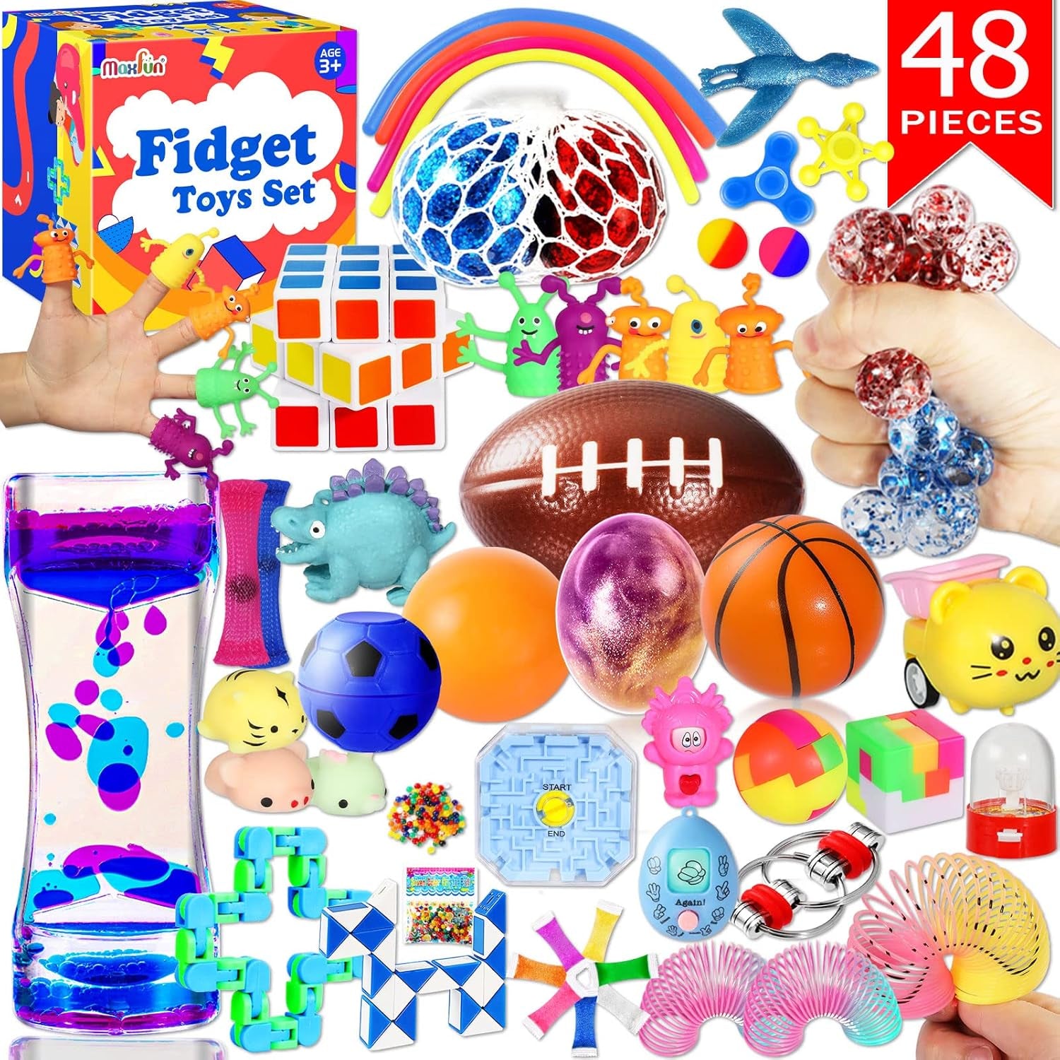 Ultimate 48-Pack Sensory Fidget Toy Bundle for Stress Relief - Perfect for Kids, Adults, Autistic & ADHD Support, Includes Squeeze Balls, Marble Mesh, & Wacky Track