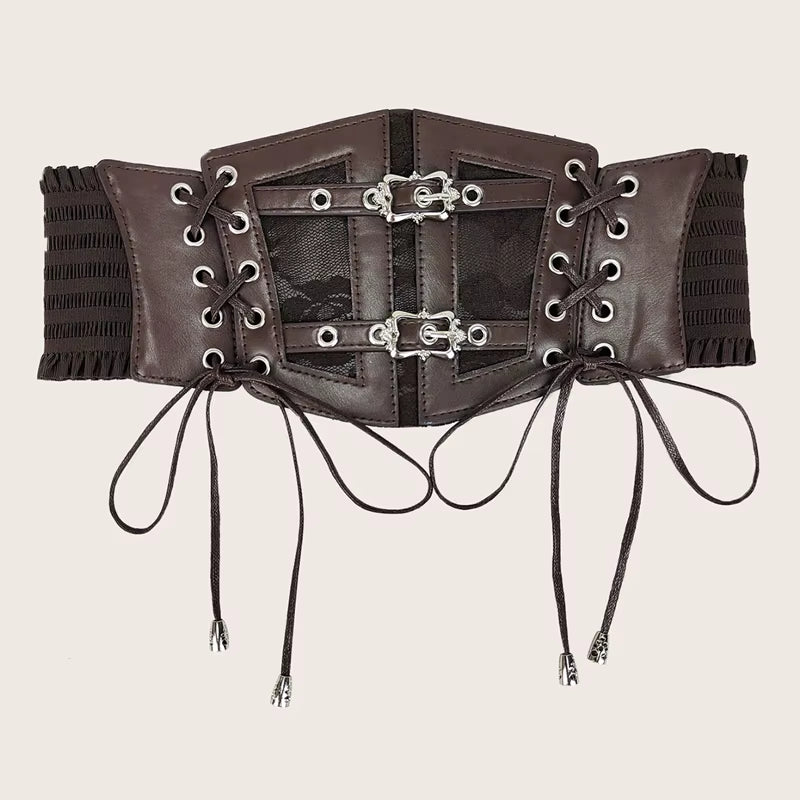 Plus size elastic lace corset belt for women, wide stretch brown and white cummerbund, ideal for goth punk fashion.