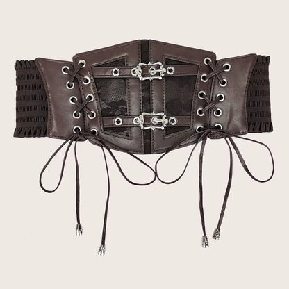 Plus size elastic lace corset belt for women, wide stretch brown and white cummerbund, ideal for goth punk fashion.