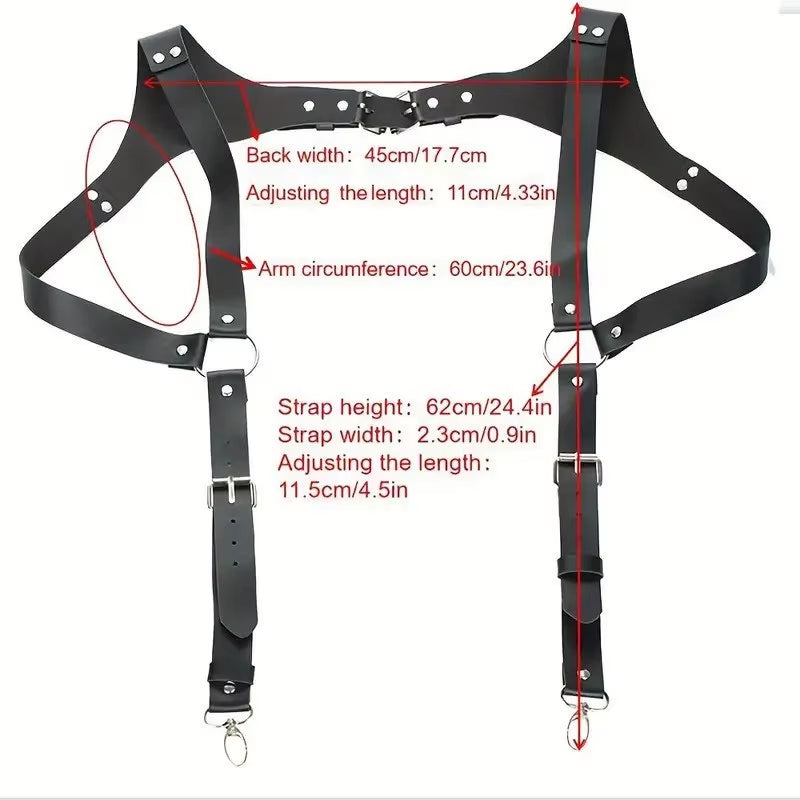 Punk Black Leather Chest Suspenders for Men - Adjustable Buckle Shoulder Straps for Club, Party, and Rave Costumes