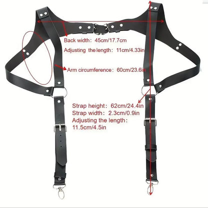 Punk Black Leather Chest Suspenders for Men - Adjustable Buckle Shoulder Straps for Club, Party, and Rave Costumes