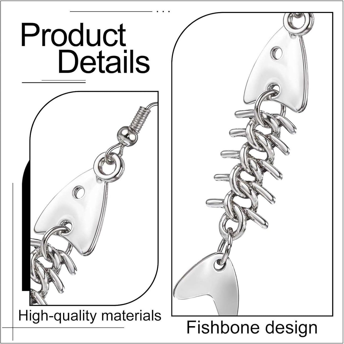 Pair of Yuanchu long fish bone dangle earrings in zinc alloy with punk goth style for women, featuring intricate design details.