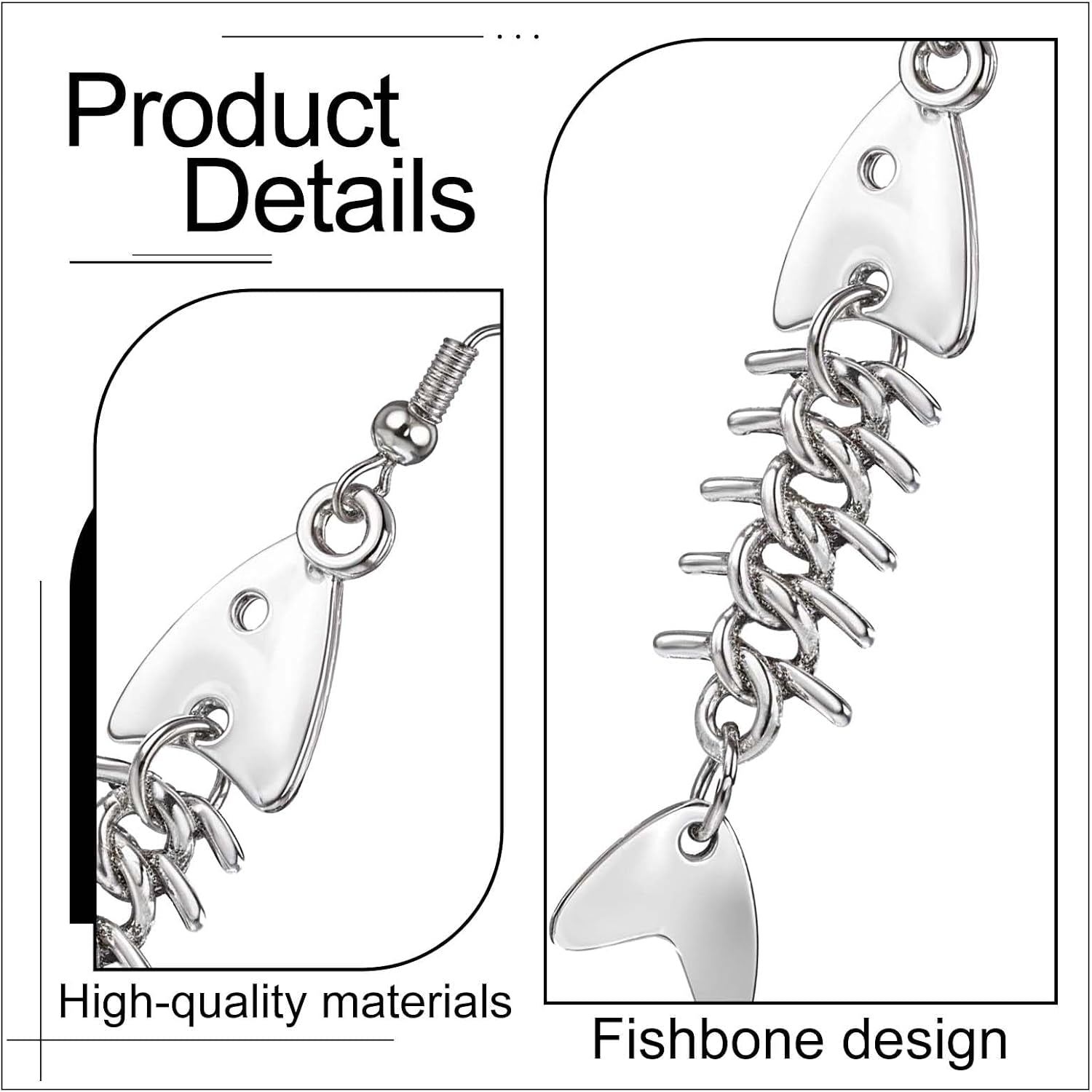 Pair of Yuanchu long fish bone dangle earrings in zinc alloy with punk goth style for women, featuring intricate design details.