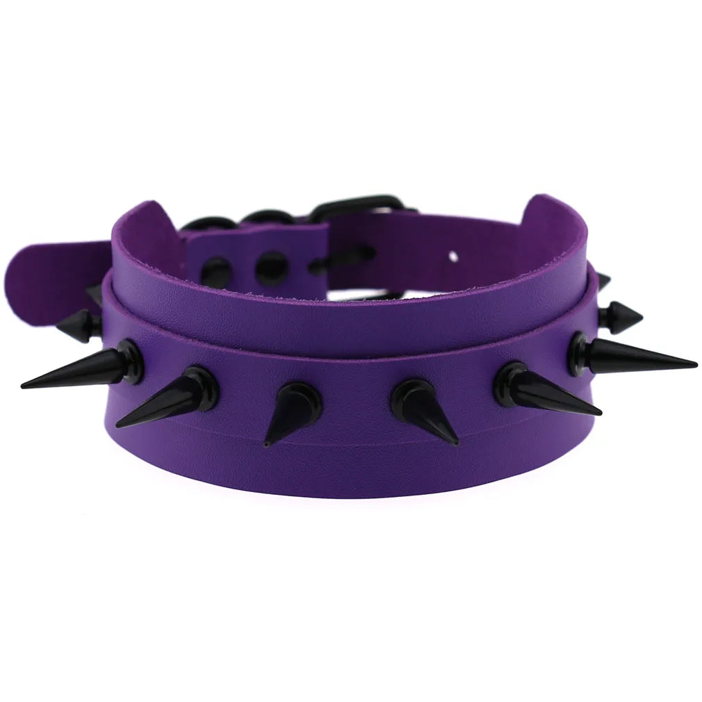 Purple goth punk leather choker necklace with black rivets and metal chain, edgy emo style for unisex Y2K, Halloween, and cosplay.