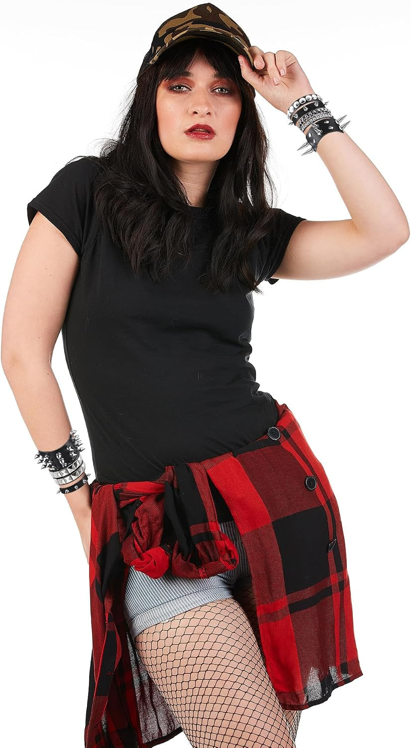 YMO edgy 10-piece studded bracelet set with black leather punk cuffs, goth accessories for men and women, perfect for Halloween.