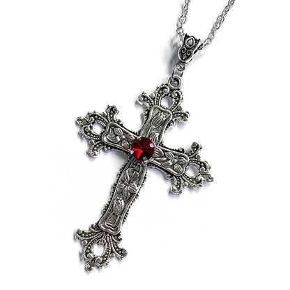 Gothic vintage cross pendant necklace with edgy Y2K grunge chain jewelry for men and women, featuring dark metal details.