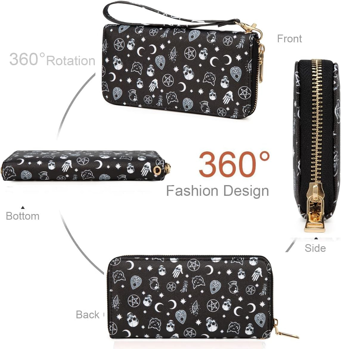 Fanwill Highland Cow print clutch wallet with checkered design, zip closure, wrist strap, featuring goth, frog, and butterfly motifs.