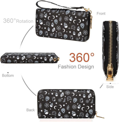 Fanwill Highland Cow print clutch wallet with checkered design, zip closure, wrist strap, featuring goth, frog, and butterfly motifs.
