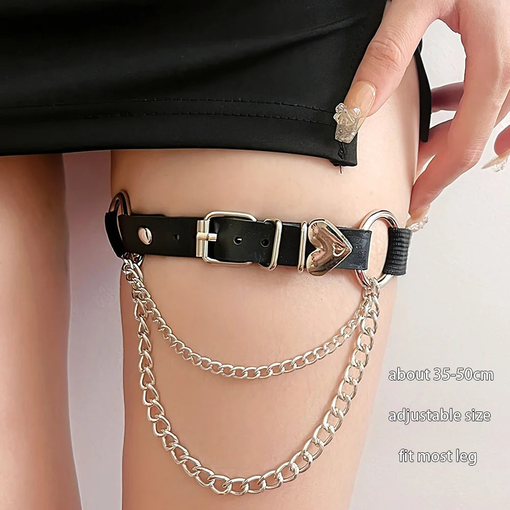 Sexy Leather Heart Belt Elastic Leg Thigh Garter Girl Women Harness Goth Accessories Black Gothic Rivet Punk Anklet