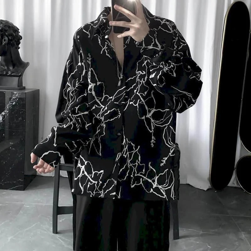 Long sleeve goth shirt for men and women featuring a lightning design, stylish Korean Harajuku retro hip-hop top for spring and autumn.