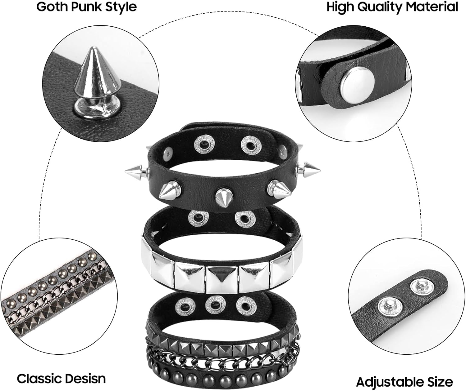 Unisex punk studded bracelet set with rivets and spikes, featuring edgy emo jewelry design by SNCEAW.