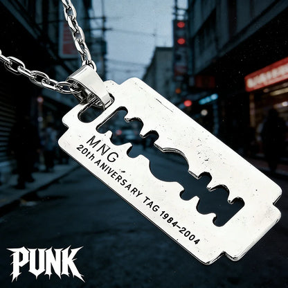 Y2K aesthetic razor blade pendant necklace by PressureDen.store, edgy vintage punk goth grunge jewelry for men and women