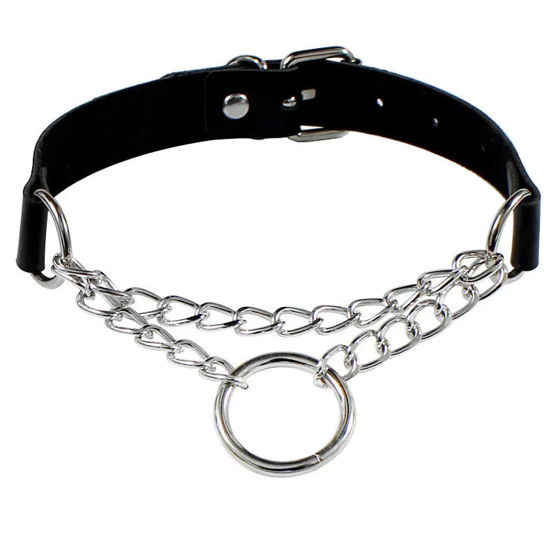 Black leather choker necklace with silver spike accents, gothic punk style, perfect for parties and festivals.