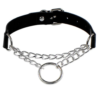 Black leather choker necklace with silver spike accents, gothic punk style, perfect for parties and festivals.